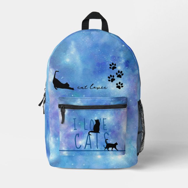 Cat Lover Blue Watercolor Galaxy Kids Printed Backpack (Front)