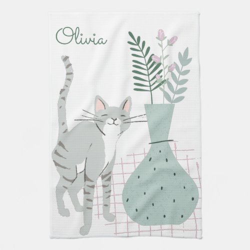 Cat Lover Boho Flowers Drawing Personalized Name Kitchen Towel
