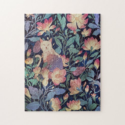 Cat Lover Cat And Magnolia Flower Jigsaw Puzzle