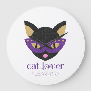 Cat Lover Cute Black Purple Gold Customized Name Large Clock