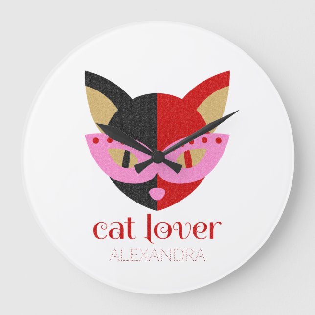 Cat Lover Cute Black Red Pink Name Personalized Large Clock (Front)