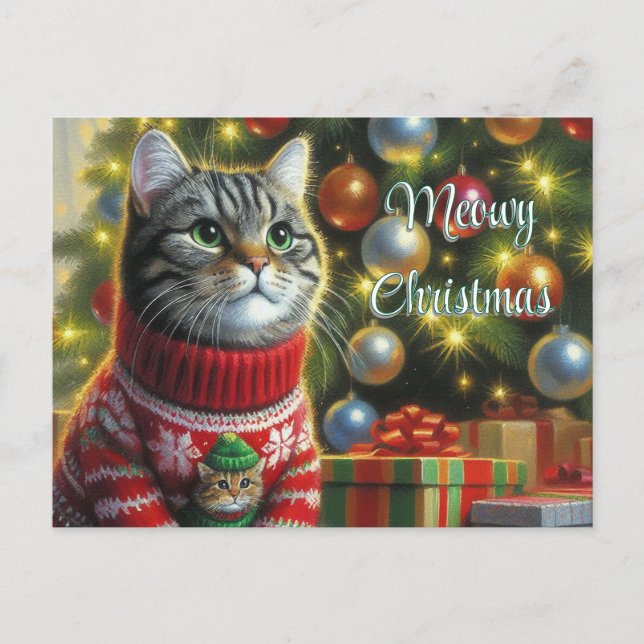 Cat Lover Cute Cat by Christmas Tree  Postcard (Front)