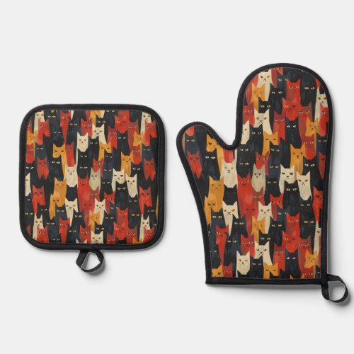 Cat lover Faces Pattern Oven Mitt  Pot Holder Set