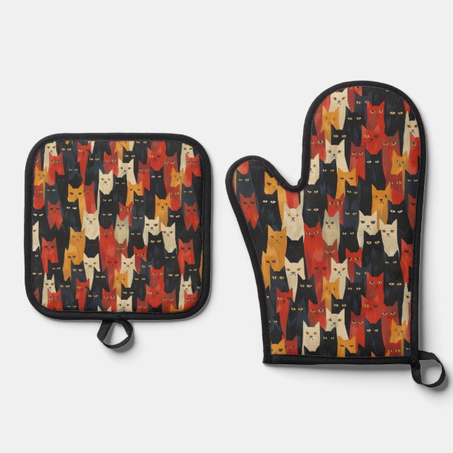 Cat lover Faces Pattern Oven Mitt & Pot Holder Set (Front)