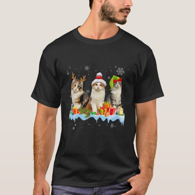 Cat Lover Funny American Curl Tree Christmas Light T-Shirt (Front)