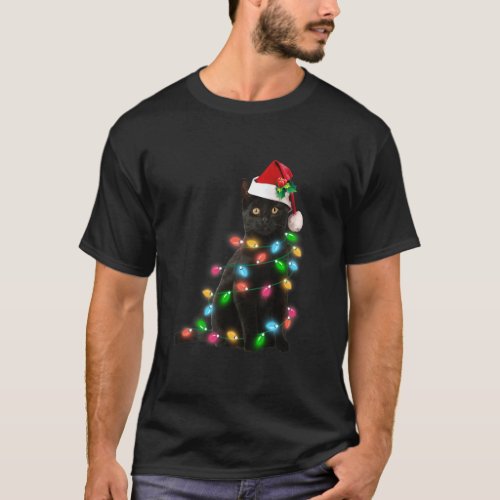 Cat Lover Funny Black Cat With Lights Christmas Pa T_Shirt