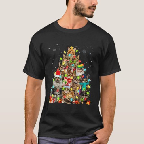 Cat Lover Funny Maine Coon Tree Christmas Light T_Shirt