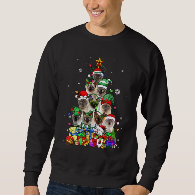 Cat Lover Funny Siamese Tree Christmas Light Sweatshirt (Front)