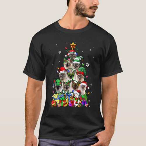 Cat Lover Funny Siamese Tree Christmas Light T_Shirt