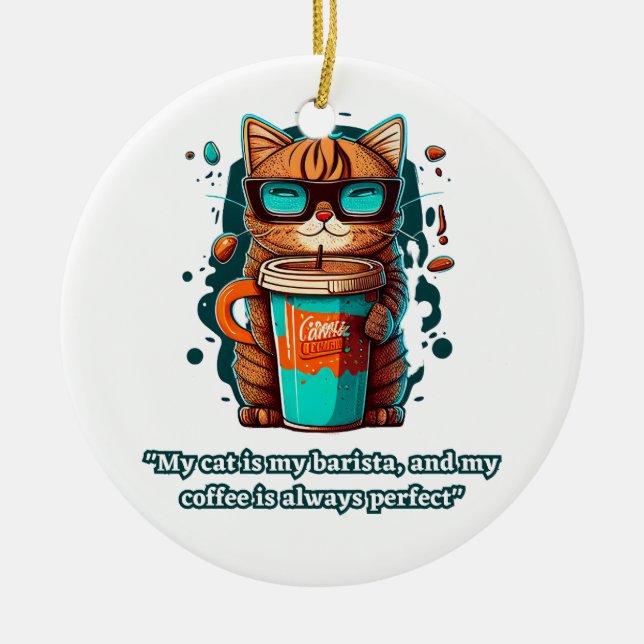 cat lover gift feline friend barista cat coffee ceramic ornament (Front)