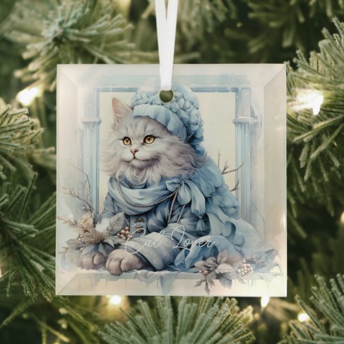 Cat Lover Gray Kitten Blue Victorian Clothes Glass Ornament