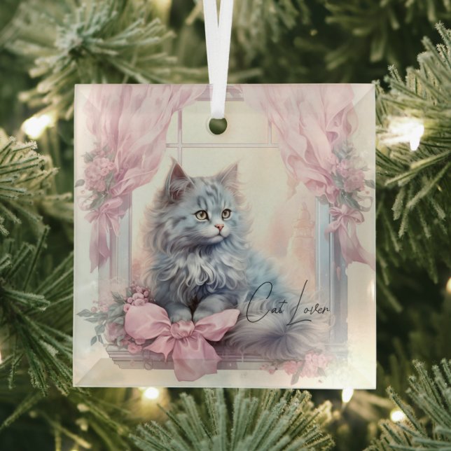Cat Lover Gray Kitten Pink Bow Glass Ornament (Insitu)