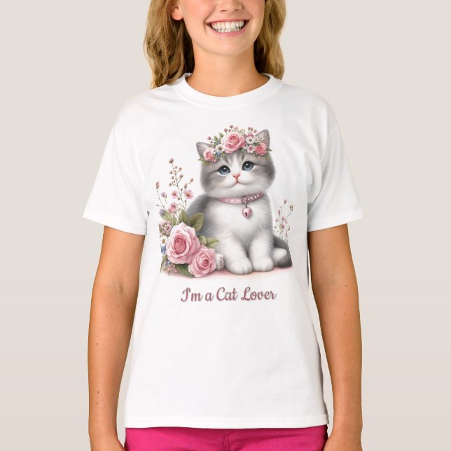 Cat Lover Gray Kitten Pink Roses  T-Shirt (Front)