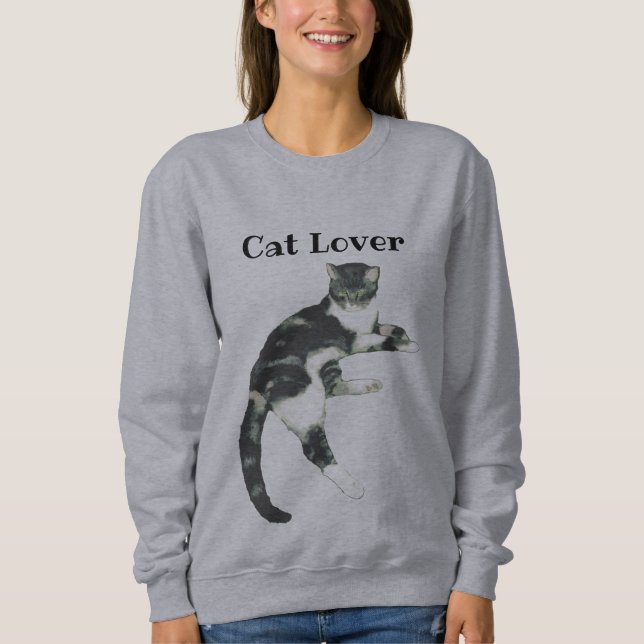 Cat Lover Gray White Cat Art Text  Sweatshirt (Front)