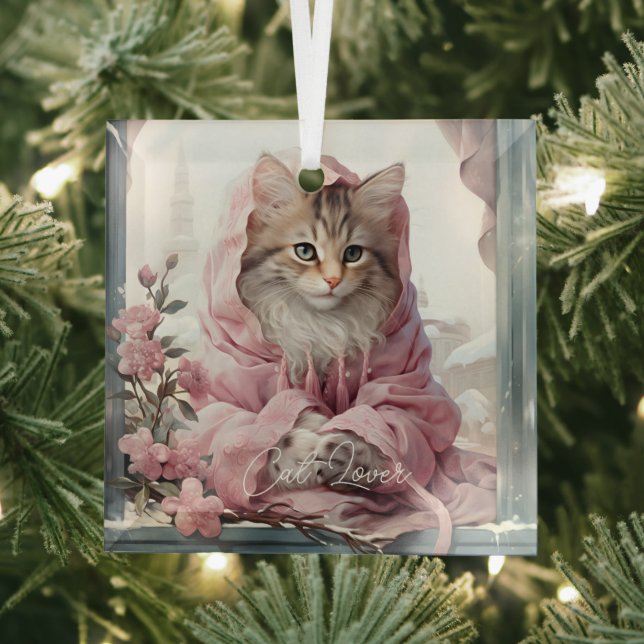 Cat Lover Gray White Kitten Pink Frilly Clothes Glass Ornament (Insitu)