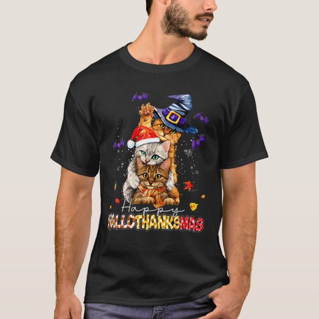 Cat Lover Halloween And Merry Christmas Happy Hall T-Shirt (Front)