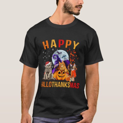 Cat Lover Halloween And Merry Christmas Happy T_Shirt