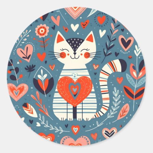 Cat lover hearts and flowers classic round sticker