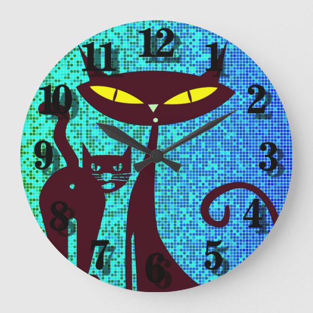 Cat Lover Illustration in Aqua Blue Background Large Clock (Front)