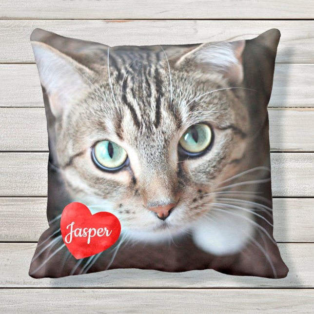 Cat Lover Modern Pet Photo Personalized Name Throw Pillow (Creator Uploaded)