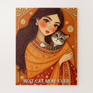 Cat lover Mom Photo orange Jigsaw Puzzle