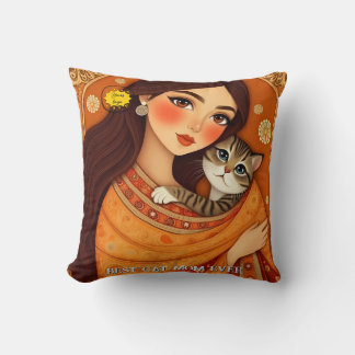 Cat lover Mom Photo orange Throw Pillow