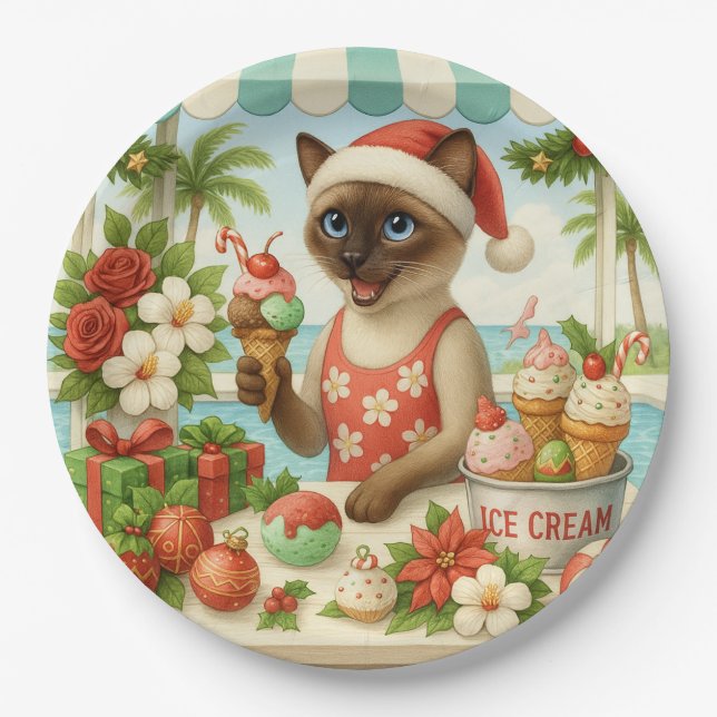 Cat Lover of Christmas in July Holiday themed Paper Plates (Front)