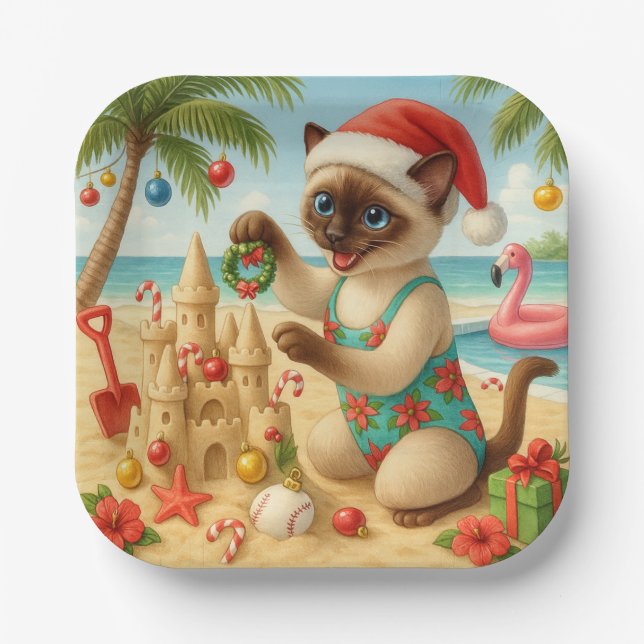 Cat Lover of Christmas in July Holiday themed Paper Plates (Front)