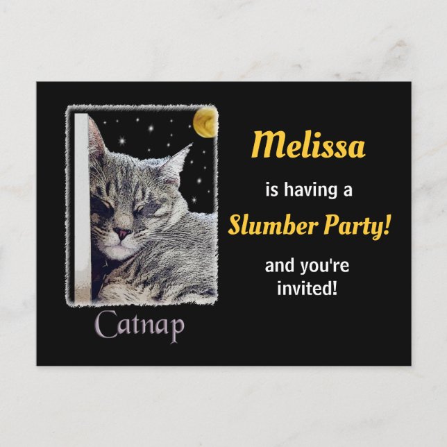 Cat Lover on Black Slumber Party Invitation Postcard (Front)