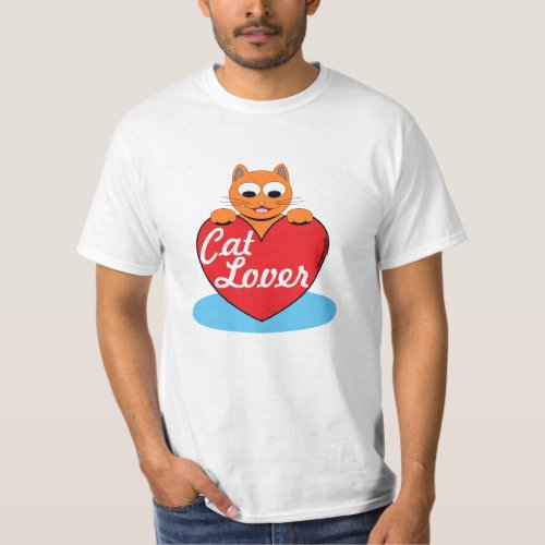 Cat Lover Orange Cartoon Cat with Red Heart T_Shirt