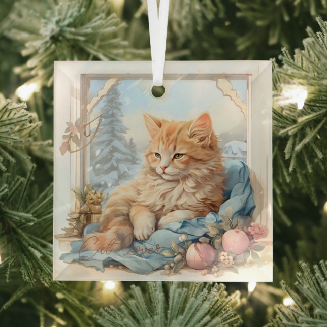 Cat Lover Orange Kitten Blue Clothing Glass Ornament (Insitu)