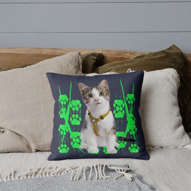 Cat Lover Pet Friends Lime Paw Dark Blue Customize Throw Pillow (Creator Uploaded)