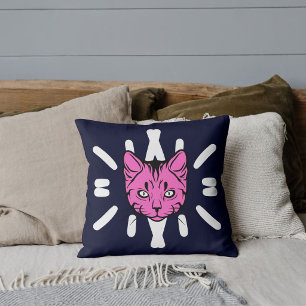 Cat Lover Pet Friends White Stripes Purple Navy Throw Pillow