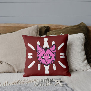 Cat Lover Pet Mom Cute White Stripes Purple Red Throw Pillow