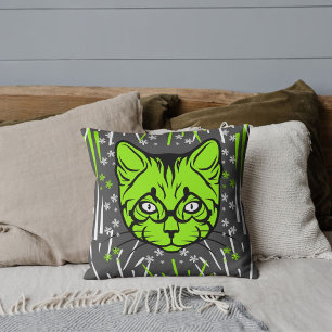 Cat Lover Pet Mom Grey Lime Modern Cute Animal Throw Pillow