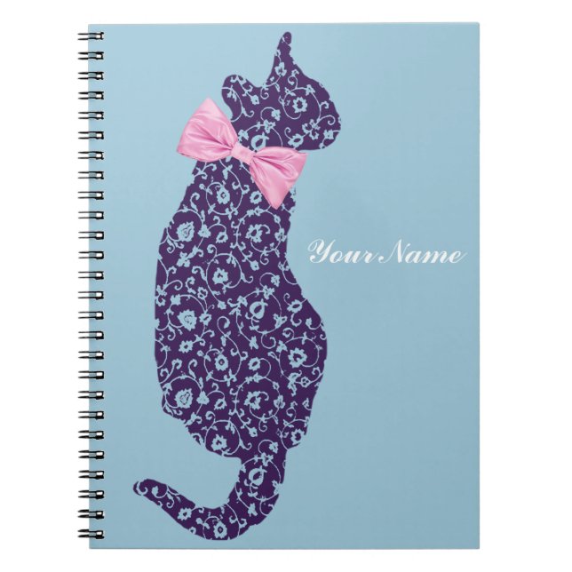 Cat Lover Purple Lace Kitty Cat Personalized Blue  Notebook (Front)