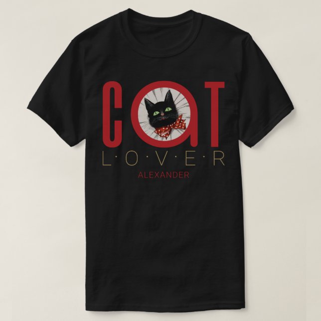 Cat Lover Red Black Green Bow Tie Customized Name T-Shirt (Design Front)