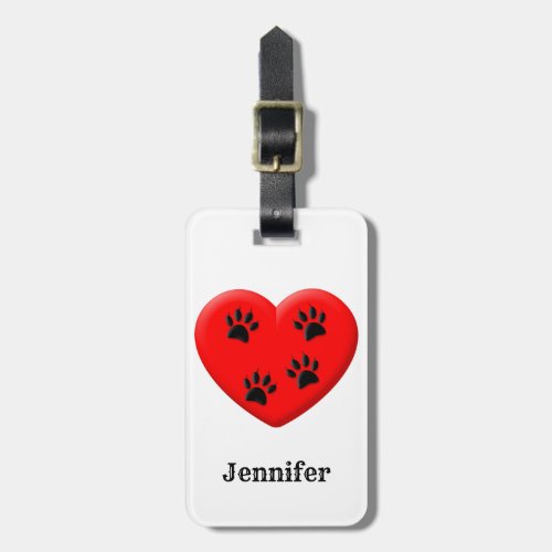 Cat Lover Red Heart And Paws Custom Name Luggage Tag