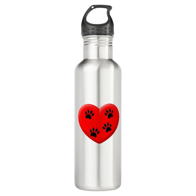 Cat Lover Red Heart And Paws Stainless Steel Water Bottle (Front)