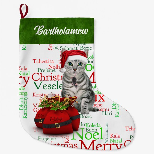 Cat Lover Santa Kitty with Mouse Large Christmas Stocking (Front)