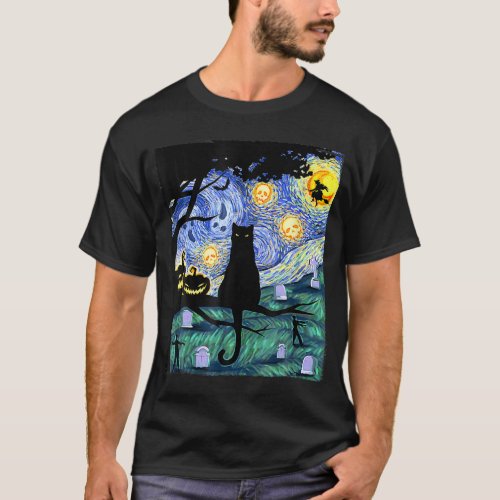 Cat Lover Scary Night Cat Ee Van Gogh Cat Hallowee T_Shirt