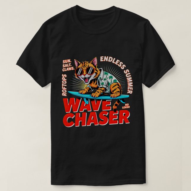 Cat Lover Summer Wave Chaser Funny Beach Tee (Design Front)