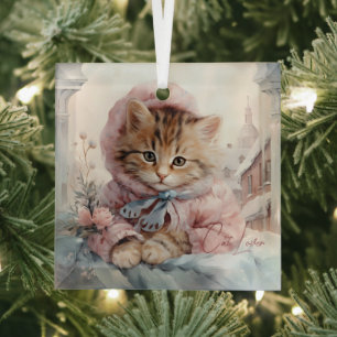 Cat Lover Tabby Cat Dressed In Pink and Blue Glass Ornament
