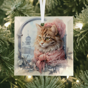 Cat Lover Tabby Kitten Pink Frilly Clothing Glass Ornament