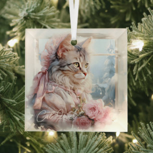Cat Lover Tabby Kitten Pink Victorian Clothes Glass Ornament