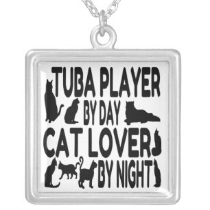 Cat Lover Tuba Player Silver Plated Necklace
