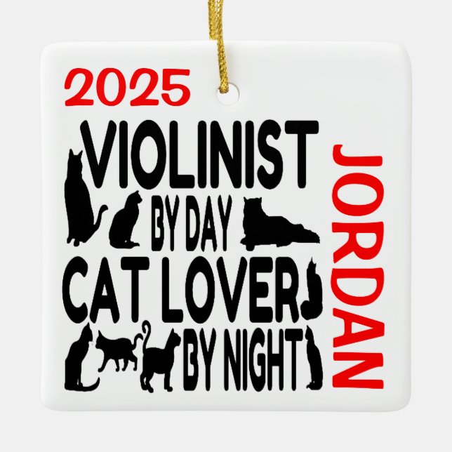 Cat Lover Violinist CUSTOM Ceramic Ornament (Front)