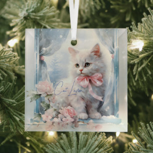 Cat Lover White Kitten Pink Bow Glass Ornament