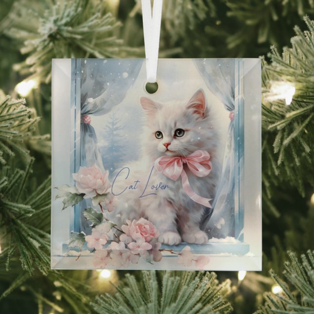 Cat Lover White Kitten Pink Bow Glass Ornament (Insitu)