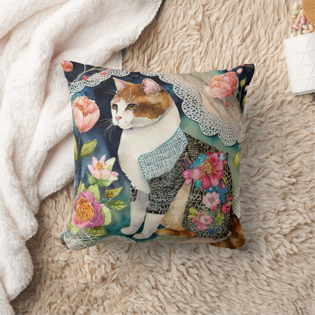 Cat Lovers Artsy Collage Gift Grandma Daughter Throw Pillow (Blanket)